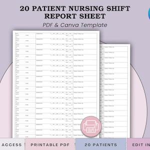 Puede incluir: Una plantilla PDF y Canva imprimible para una hoja de informe de turno de enfermería para 20 pacientes. El documento presenta un diseño estructurado con secciones para información del paciente, evaluaciones y notas. El diseño incluye el logotipo de Canva y el texto "Acceso instantáneo", "PDF imprimible", "20 pacientes" y "Editar en Canva".