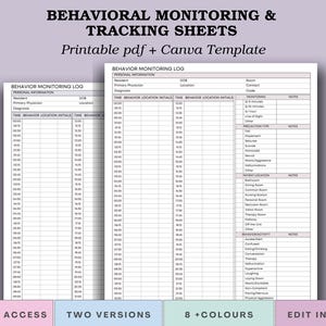 Peut inclure: Deux feuilles de modèle PDF et Canva imprimables pour la surveillance et le suivi du comportement. Les feuilles comprennent des sections pour les informations personnelles, l'heure, le lieu du comportement et les initiales. L'image comprend également le texte "Accès instantané", "Deux versions", "8+couleurs" et "Modifier dans Canva".
