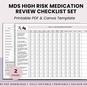 May include: A printable PDF and Canva template for the MDS High Risk Medication Review Checklist Set. The checklist includes two pages and three or more colors. The template is fully editable and offers instant access.