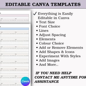 May include: A digital template for a medication tracker, with editable features in Canva. The template includes sections for tracking medication details, with options for text size, font choice, and more. Text on the right side lists features.