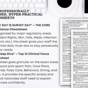 May include: A white desk setup with a keyboard, coffee cup, smartphone, and two printed cheat sheets. The cheat sheets have text about survey compliance and clinical focus areas. The text includes "EVERY DAY IS SURVEY DAY" and "Deep-Dive Survey Cheatsheet".