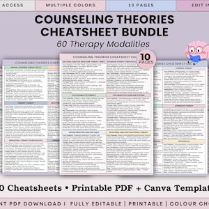 May include: A digital bundle of counseling theories cheat sheets featuring 60 therapy modalities across 10 printable pages. The document includes text headers like Counseling Theories Cheatsheet Bundle, 10 Pages, and 10 Cheatsheets.