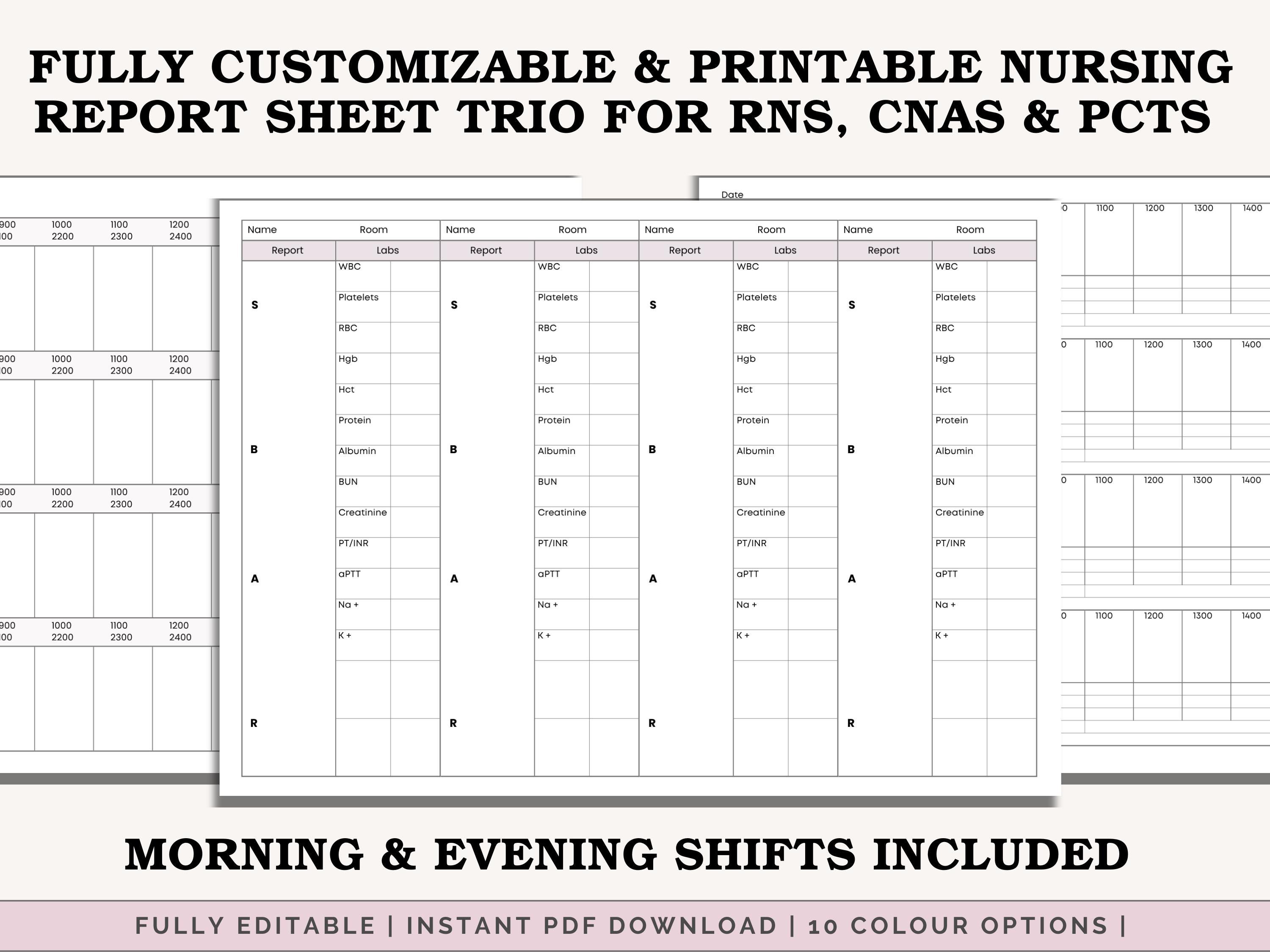 Nurse Task Layout 4-patient Nursing Report Sheet Trio: SBAR, Hourly Tasks Bundle for ...
