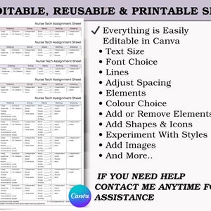 May include: A printable nurse tech assignment sheet set with editable features. The image includes a checklist format with various fields. Text on the right highlights Canva editing options: text size, font choice, lines, spacing, elements, color, and more.