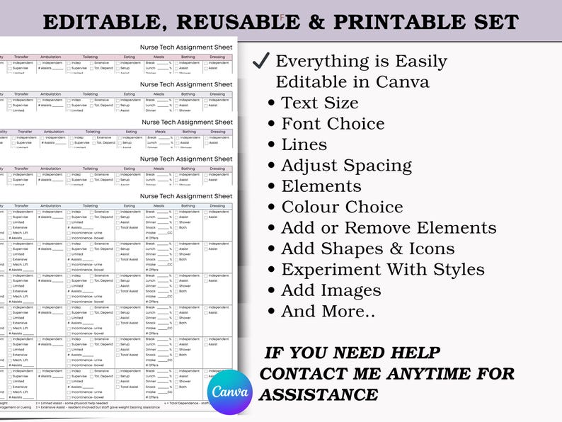 May include: A printable nurse tech assignment sheet set with editable features. The image includes a checklist format with various fields. Text on the right highlights Canva editing options: text size, font choice, lines, spacing, elements, color, and more.