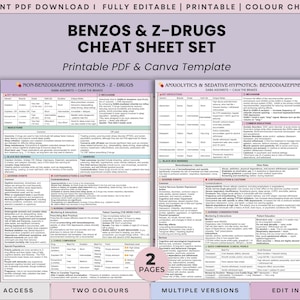 May include: A printable cheat sheet set titled "BENZOS & Z-DRUGS" with the text "Printable PDF & Canva Template." The design includes two pages of detailed information, with the Canva logo in the upper right corner. The text includes "Non-Benzodiazepine Hypnotics - Z-Drugs" and "Anxiolytics & Sedative-Hypnotics: Benzodiazepines".