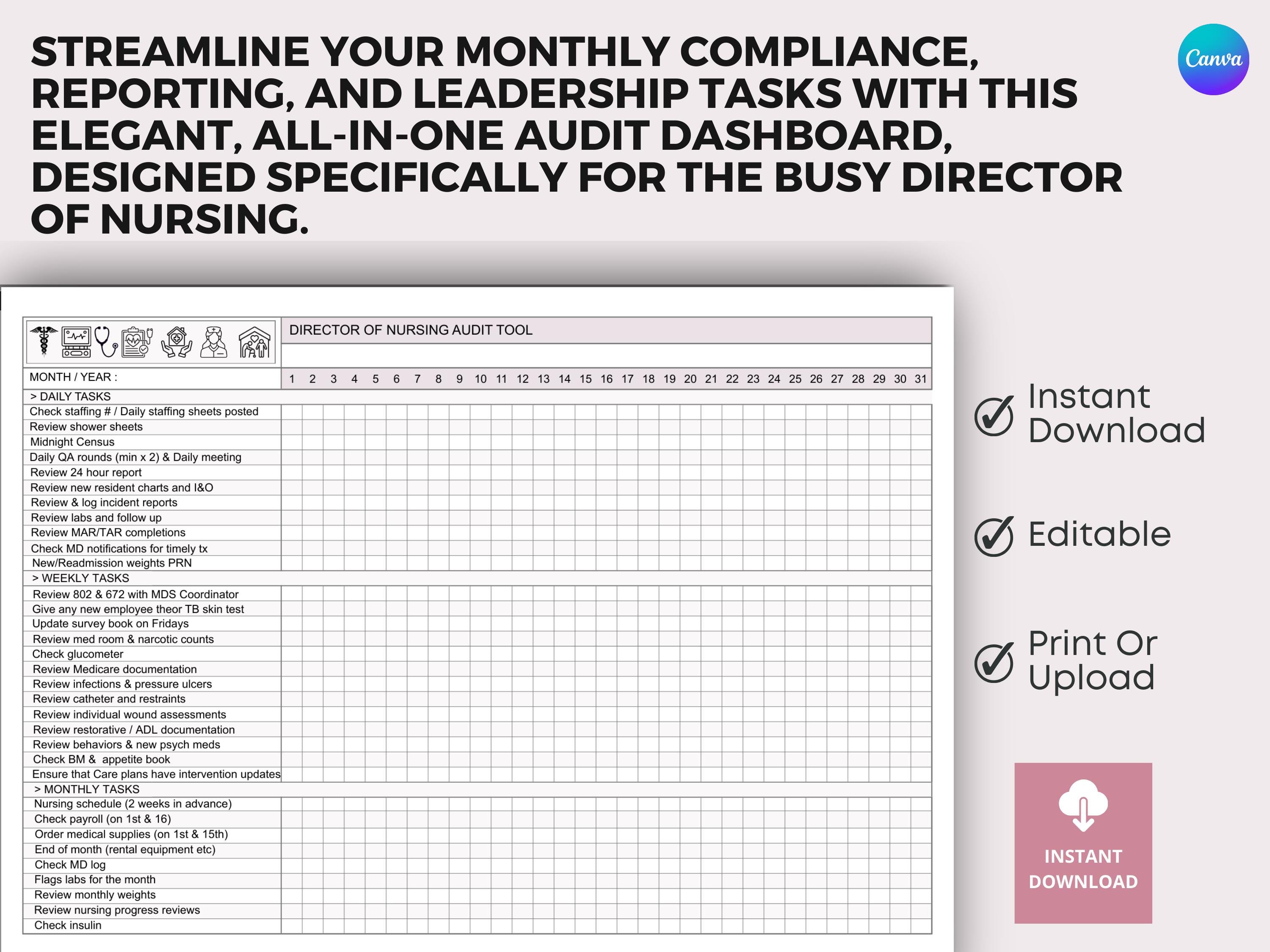 The Nursing Director's Monthly Audit Dashboard | Customizable Task &amp; Compliance Tracker | DON ...