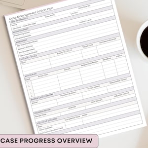 May include: A white printed case management action plan with sections for case information, intake summary, assessment, advocacy goals, and action plan. A cup of coffee and a pen are on the white surface.