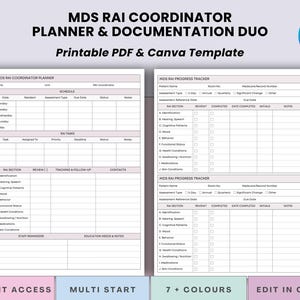 Puede incluir: Plantilla de dúo de planificación y documentación para coordinadores MDS RAI. El diseño incluye un planificador y un rastreador de progreso con secciones para programación, tareas y seguimiento del progreso. Disponible en PDF y Canva.