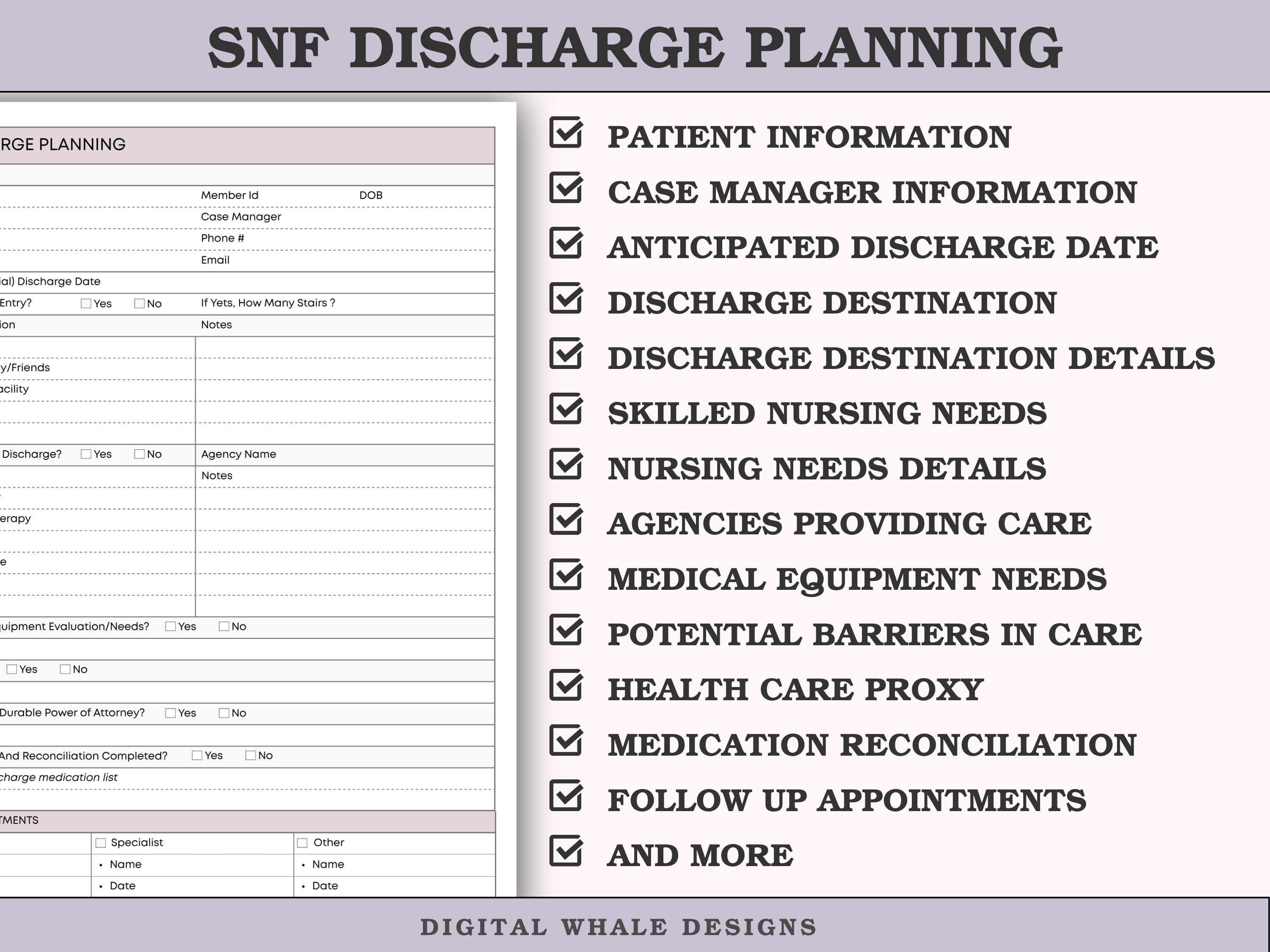 SNF & Rehab Patient Discharge Planning Checklist Form - Nursing Case ...