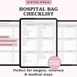 Lista de embalagem para paciente internado no hospital | Lista de verificação para bolsa cirúrgica | Itens essenciais para pernoite no hospital | PDF para impressão de internação médica | Editar no Canva