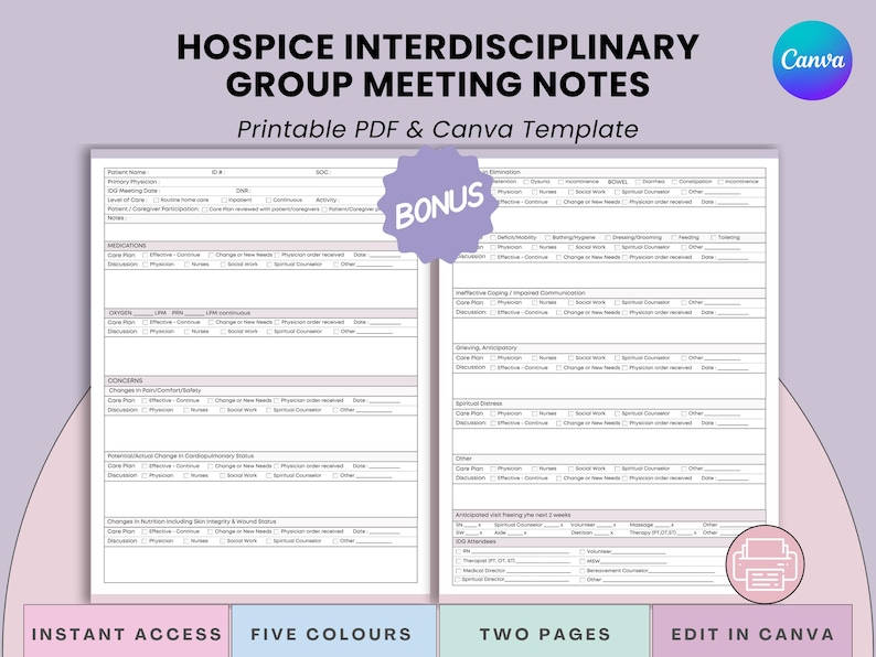 Hospice IDT Meeting Notes Template: Care Plan Review (print PDF + Canva) - Etsy Canada