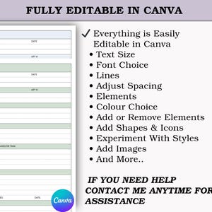 May include: A digital document template with a light green and white design. The text "FULLY EDITABLE IN CANVA" is at the top. Features include editable text size, font choice, lines, spacing, elements, and more. Contact for assistance.