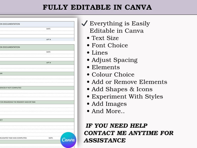 May include: A digital document template with a light green and white design. The text "FULLY EDITABLE IN CANVA" is at the top. Features include editable text size, font choice, lines, spacing, elements, and more. Contact for assistance.
