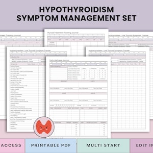 Puede incluir: Un conjunto de diarios PDF imprimibles para gestionar los síntomas del hipotiroidismo. Los diarios incluyen registros de seguimiento de síntomas, medicamentos y bienestar diario. El título "HYPOTHYROIDISM SYMPTOM MANAGEMENT SET" se muestra en la parte superior. La imagen también incluye el texto "INSTANT ACCESS", "PRINTABLE PDF", "MULTI START" y "EDIT IN CANVA".
