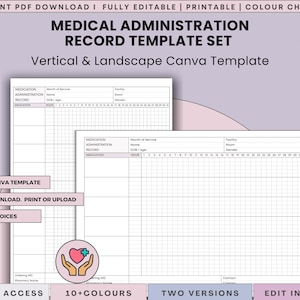 Puede incluir: Un conjunto de plantillas de registro de administración médica con diseños verticales y horizontales. Los formularios blancos incluyen campos para medicamentos, mes, centro, habitación, nombre, fecha de nacimiento, edad y sexo.