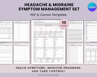 Migräne und Kopfschmerzen Druckbare Tracker - Verfolgen Sie Symptonen, Schweregrad, Behandlungen, Medikamente und Verlaufsjournal - PDF + Canva
