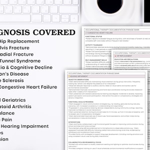 May include: A workspace setup with a white keyboard, a black smartphone, and a coffee cup. Several sheets of paper with text are visible, including "Diagnosis Covered" and "Occupational Therapy Documentation Phrase Bank". The text is in black font.