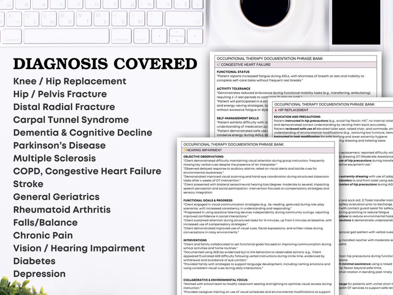 May include: A workspace setup with a white keyboard, a black smartphone, and a coffee cup. Several sheets of paper with text are visible, including "Diagnosis Covered" and "Occupational Therapy Documentation Phrase Bank". The text is in black font.