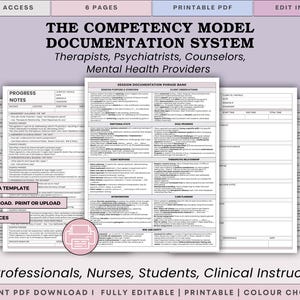 Può includere: Un set di documenti digitali intitolato "The Competency Model Documentation System" per terapisti e professionisti della salute mentale. Il design include più pagine con testo e moduli, con il logo Canva. Download immediato.