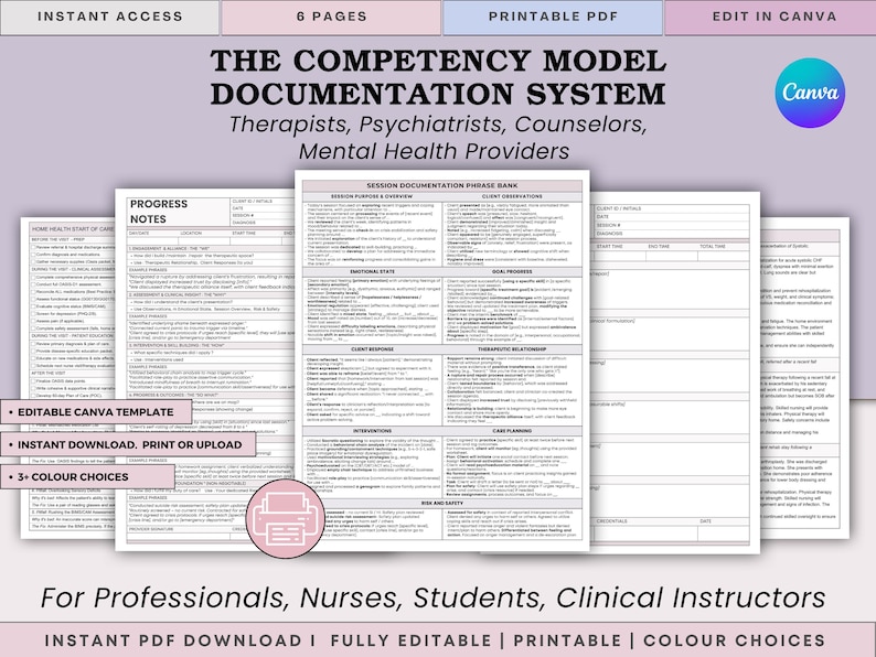 Peut inclure: Ensemble de documents num&eacute;riques intitul&eacute; "The Competency Model Documentation System" pour les th&eacute;rapeutes et les professionnels de la sant&eacute; mentale. La conception comprend plusieurs pages avec du texte et des formulaires, avec le logo Canva. T&eacute;l&eacute;chargement instantan&eacute;.