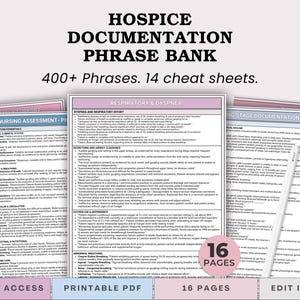 May include: A digital document titled Hospice Documentation Phrase Bank featuring 400+ phrases across 14 cheat sheets. The layout includes sections for nursing assessment, respiratory and dyspnea, and dying stage documentation with a white stylus.