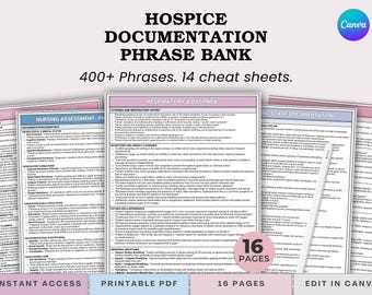 Frasbank för dokumentation av hospicesjuksköterskor - 14 fuskblad - Medicare-kompatibla anteckningar om försvarbar palliativ vård