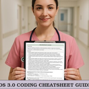 May include: A person in a pink uniform holds a black clipboard with a document titled "MDS Restraint Coding." The document contains text about restraint methods and coding guidelines. The bottom of the image reads "MDS 3.0 Coding Cheatsheet Guides."