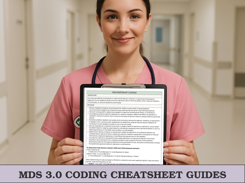 May include: A person in a pink uniform holds a black clipboard with a document titled "MDS Restraint Coding." The document contains text about restraint methods and coding guidelines. The bottom of the image reads "MDS 3.0 Coding Cheatsheet Guides."