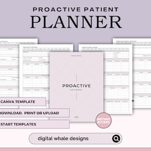 May include: A pink and white digital planner template for proactive patients. The template includes sections for chronic conditions, treatment overview, health profile tracker, and medical condition overview. The text "PROACTIVE PATIENTS" is displayed on the cover of the planner.
