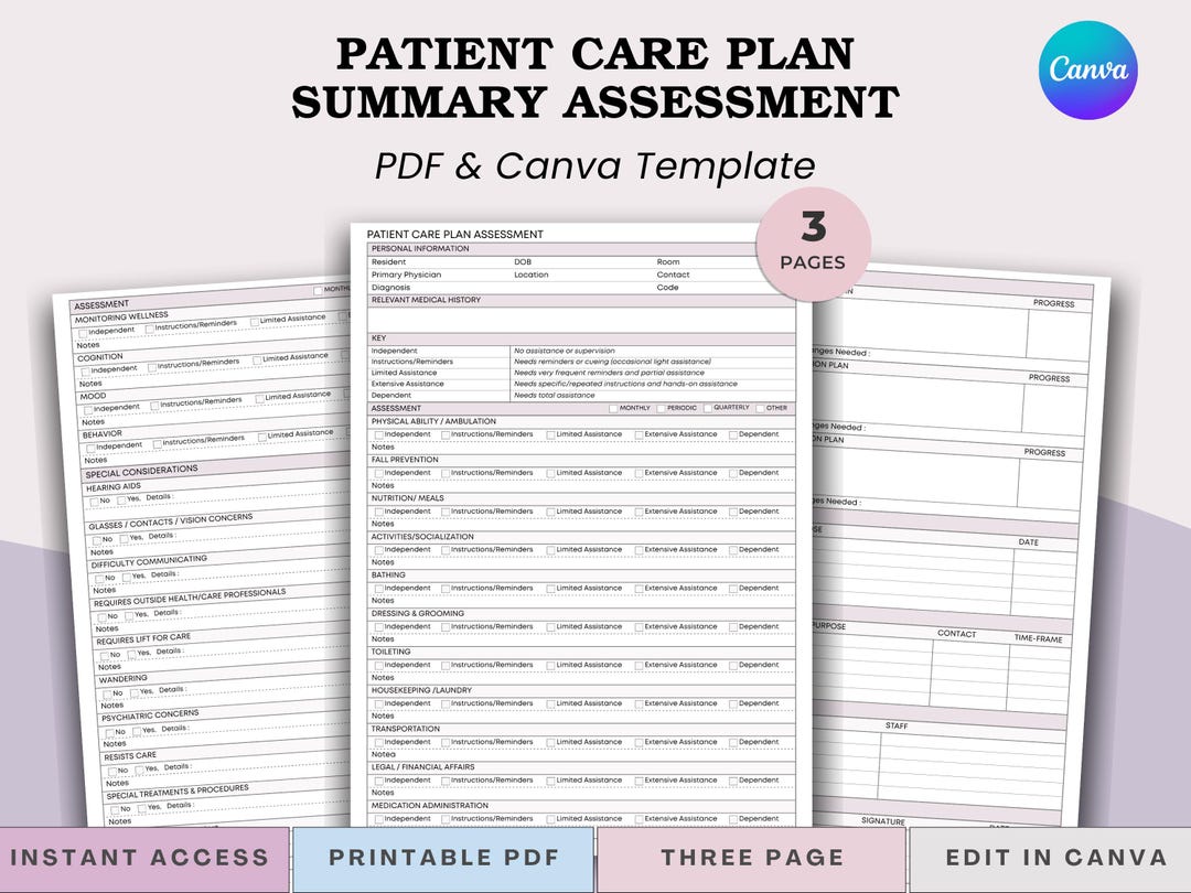 Patient Care Plan Summary Assessment - Progress Review & ADL Tracking ...