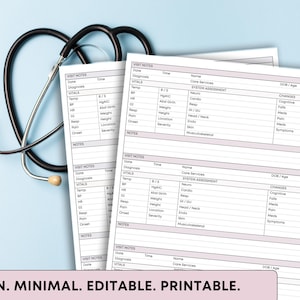 May include: A black stethoscope rests on a light blue surface next to two white medical forms. The forms contain sections for patient information and vital signs. Text at the bottom reads: CLEAN. MINIMAL. EDITABLE. PRINTABLE.