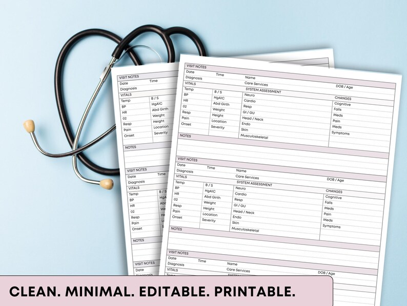 May include: A black stethoscope rests on a light blue surface next to two white medical forms. The forms contain sections for patient information and vital signs. Text at the bottom reads: CLEAN. MINIMAL. EDITABLE. PRINTABLE.