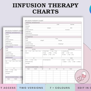 May include: Infusion therapy charts with sections for personal information. The charts include fields for allergies, height, medications, and IV insertion details. The image also includes text that says "Instant Access", "Two Versions", "7+ Colours", and "Edit in Canva".
