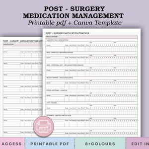 May include: A printable medication tracker for post-surgery use. The document includes sections for tracking various medications, including pain relievers and other types. The design is in shades of white and pink, with the text "Post-Surgery Medication Management".