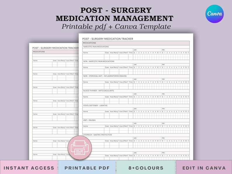 May include: A printable medication tracker for post-surgery use. The document includes sections for tracking various medications, including pain relievers and other types. The design is in shades of white and pink, with the text "Post-Surgery Medication Management".