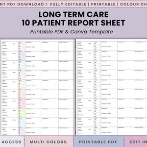 Könnte beinhalten: Druckbare PDF- und Canva-Vorlage für ein Langzeitpflege-Berichtsbogen für 10 Patienten. Das Dokument verfügt über ein Rasterlayout mit Abschnitten für Patienteninformationen, Medikamente und Bewertungen. Das Design beinhaltet Farbauswahl und ist vollständig editierbar.