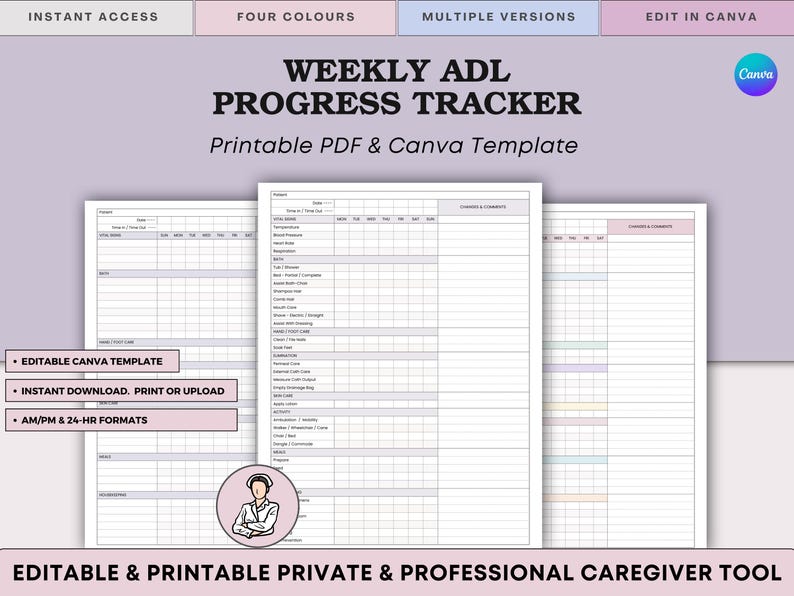 Puede incluir: Una plantilla imprimible en PDF y Canva titulada "WEEKLY ADL PROGRESS TRACKER". La plantilla est&aacute; dise&ntilde;ada para uso privado y profesional de cuidadores. La imagen incluye el texto "EDITABLE CANVA TEMPLATE" y "INSTANT DOWNLOAD. PRINT OR UPLOAD".
