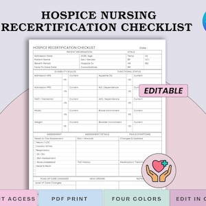 Hospice Recertification & Assessment Checklist – Comprehensive Nurse Tool (Eligibility Scales KPS/PPS/FAST, ADLs, Idg Updates), Pdf + Canva