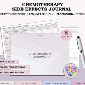 May include: A digital journal titled "Chemotherapy Side Effects Journal" with the text "Easy to Customize, Beginner Friendly, Professional Design." The journal is light purple and white, with a pen and a graphic of cancer ribbons. Includes 15 pages and is an editable Canva template.