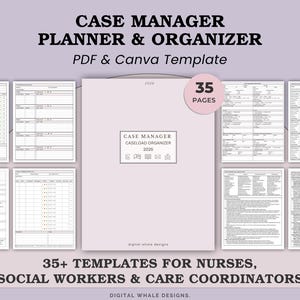 May include: A digital case manager planner and organiser template set featuring a light purple cover with the text Case Manager Caseload Organizer 2026 and 35 pages. The set includes various printable forms and layouts for nurses and social workers.