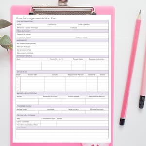May include: A pink clipboard with a printed case management action plan, featuring sections for case information, intake summary, assessment, advocacy goals, action plan, and barrier solutions. Two pink pencils and decorative leaves and flowers are also visible.