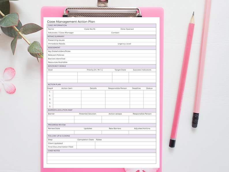 May include: A pink clipboard with a printed case management action plan, featuring sections for case information, intake summary, assessment, advocacy goals, action plan, and barrier solutions. Two pink pencils and decorative leaves and flowers are also visible.