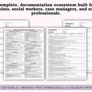 Peut inclure: Des formulaires PDF imprimables pour les th&eacute;rapeutes, les travailleurs sociaux, les gestionnaires de cas et les professionnels des soins infirmiers. Les formulaires comprennent des notes de progression et une banque de phrases de documentation de session. Le texte en haut indique : "Complete, documentation ecosystem built for therapists, social workers, case managers, and nursing professionals."