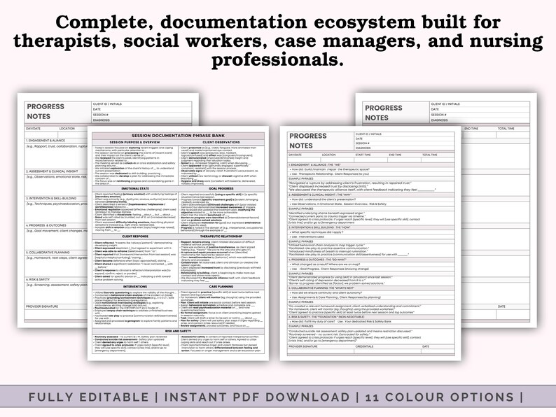 Peut inclure: Des formulaires PDF imprimables pour les th&eacute;rapeutes, les travailleurs sociaux, les gestionnaires de cas et les professionnels des soins infirmiers. Les formulaires comprennent des notes de progression et une banque de phrases de documentation de session. Le texte en haut indique : "Complete, documentation ecosystem built for therapists, social workers, case managers, and nursing professionals."