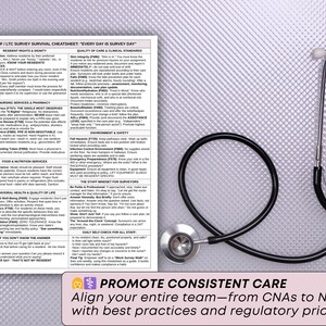 May include: A black stethoscope and a pen rest on a white and gray surface next to a checklist titled "SNF/LTC Survey Survival Cheatsheet." The text at the bottom reads "Promote Consistent Care" and "Align your entire team-from CNAs to Nurses- with best practices and regulatory priorities."