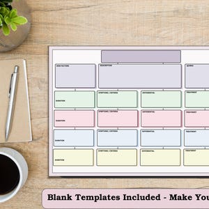 Peut inclure: Un mod&egrave;le vierge avec des sections pour les informations m&eacute;dicales, y compris les facteurs de risque, la description, les sympt&ocirc;mes et le traitement. Sur un bureau en bois avec un bloc-notes, un stylo et une tasse de caf&eacute;. Texte: Blank Templates Included - Make Your Own!