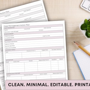 May include: Two white Case Management Action Plan sheets with pink accents are displayed on a light wood surface. The sheets have sections for case information, intake summary, assessment, advocacy goals, and action plans. A keyboard, a small plant, a pencil, and a notepad are also visible.