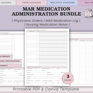 Puede incluir: Un paquete de plantillas PDF y Canva imprimibles para la administración de medicamentos. El paquete incluye Órdenes de Médicos, Registro de Medicación MAR y Notas de Medicación de Enfermería. El diseño está en cuatro colores y múltiples versiones.
