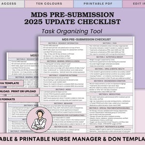 May include: A printable MDS pre-submission checklist for 2025, a task-organizing tool. The document is in shades of purple and white, with sections for resident information, hearing, speech, vision, and more. Includes a Canva template and AM/PM & 24-HR formats.